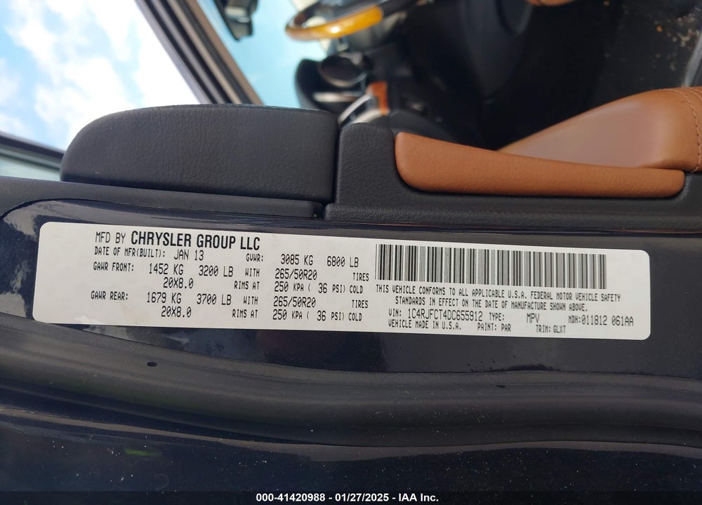 2013 JEEP GRAND CHEROKEE OVERLAND VIN: 1C4RJFCT4DC655912
