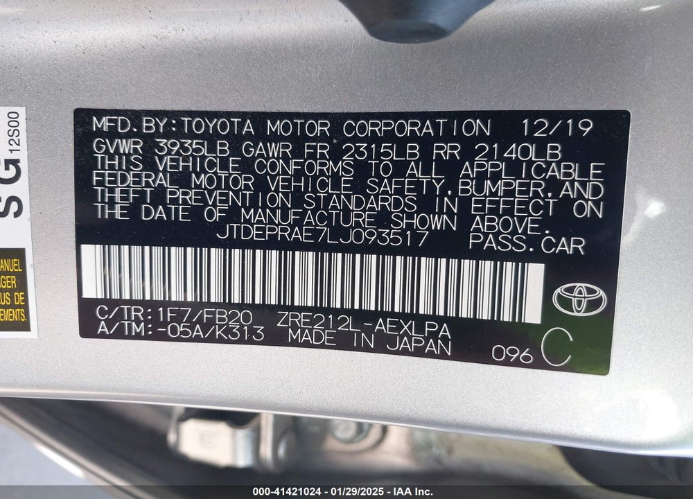 2020 TOYOTA COROLLA VIN: JTDEPRAE7LJ093517