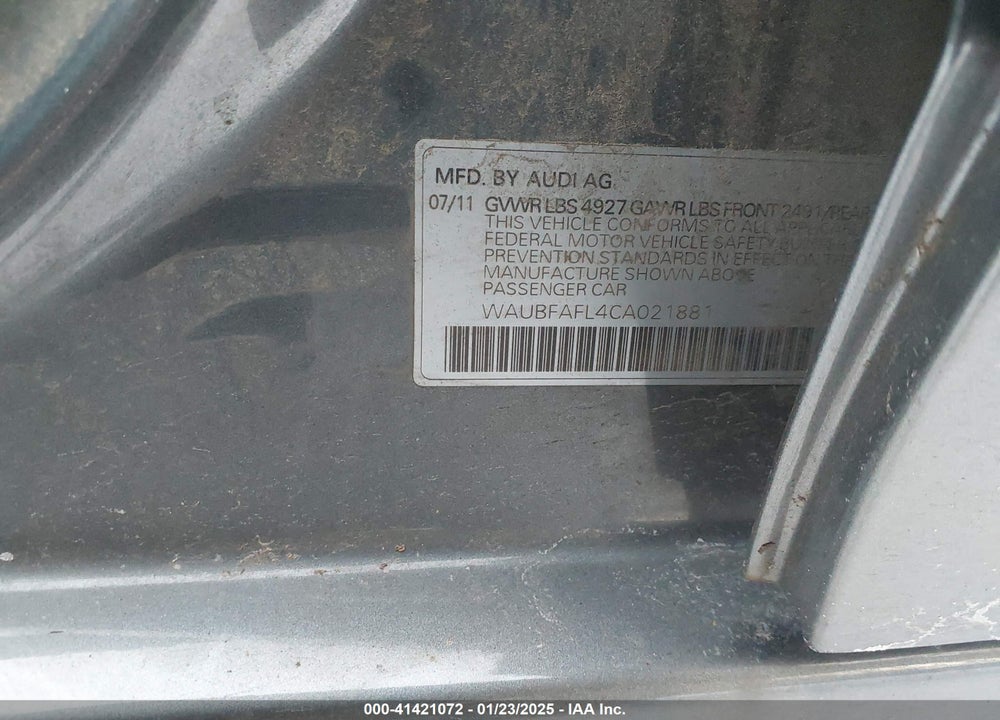 2012 AUDI A4 VIN: WAUBFAFL4CA021881