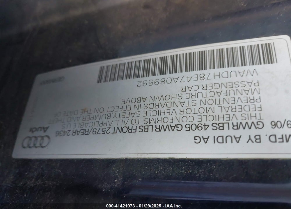 2007 AUDI A4 3.2 VIN: WAUDH78E47A089592