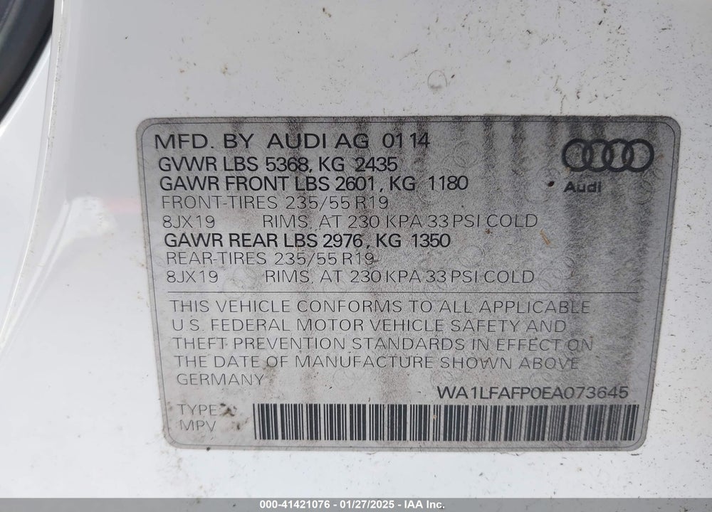 2014 AUDI Q5 2.0T PREMIUM VIN: WA1LFAFP0EA073645