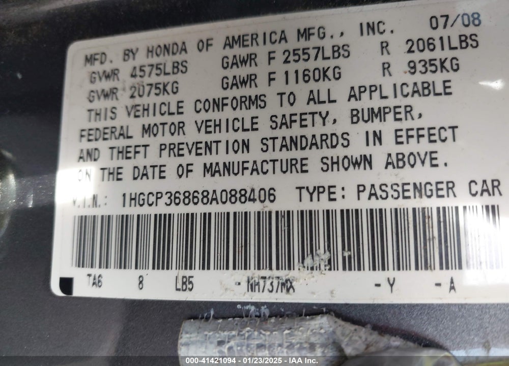 2008 HONDA ACCORD 3.5 EX-L VIN: 1HGCP36868A088406