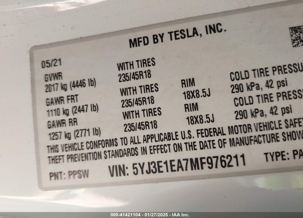 2021 TESLA MODEL 3 STANDARD RANGE PLUS REAR-WHEEL DRIVE VIN: 5YJ3E1EA7MF976211