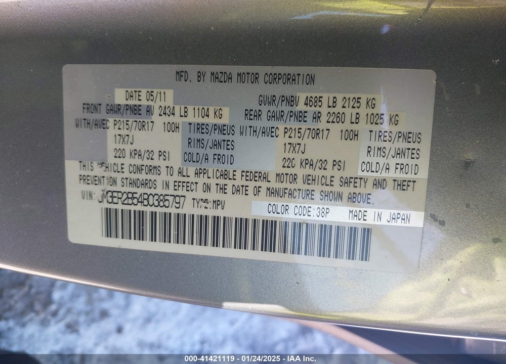 2011 MAZDA CX-7 I SPORT VIN: JM3ER2B54B0385797