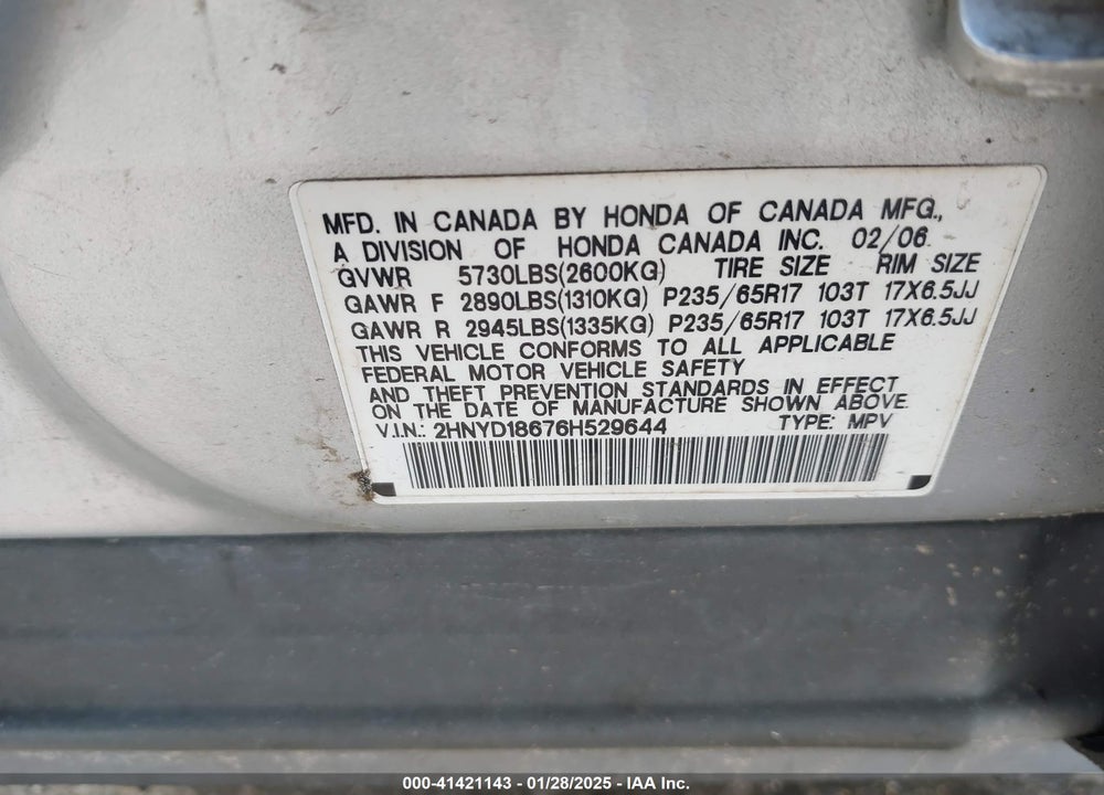 2006 ACURA MDX VIN: 2HNYD18676H529644