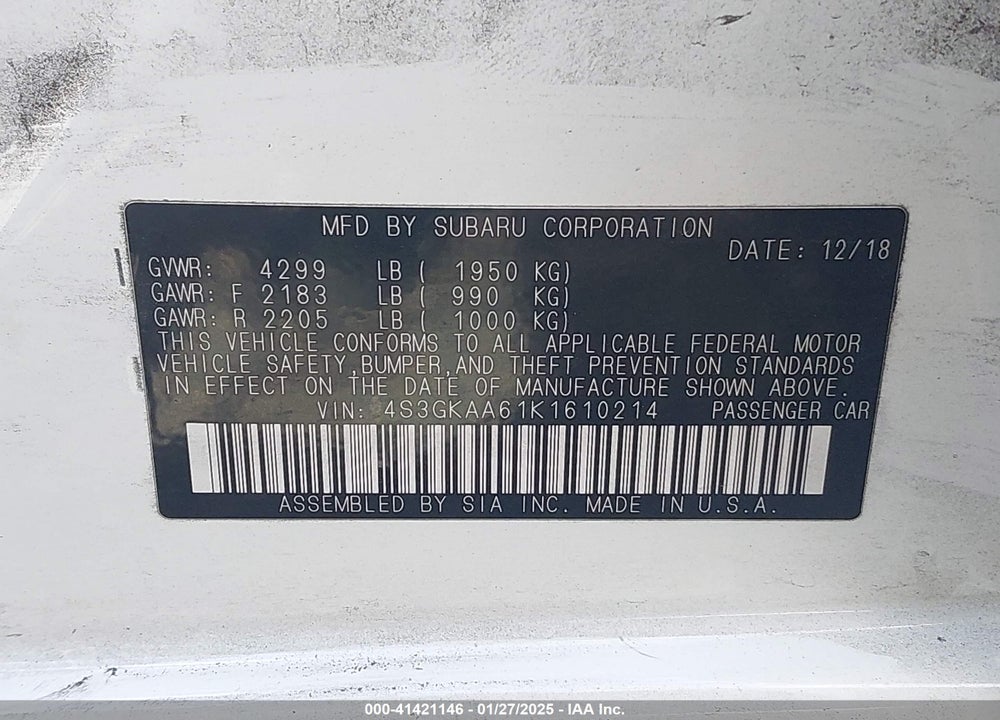 2019 SUBARU IMPREZA VIN: 4S3GKAA61K1610214