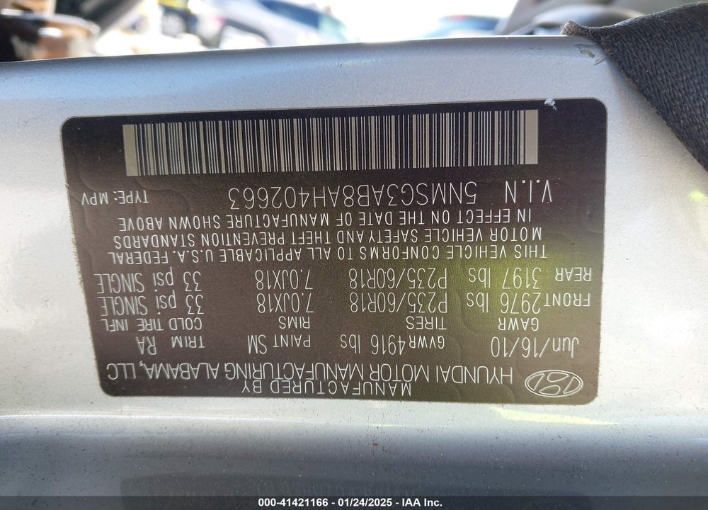 2010 HYUNDAI SANTA FE GLS VIN: 5NMSG3AB8AH402663