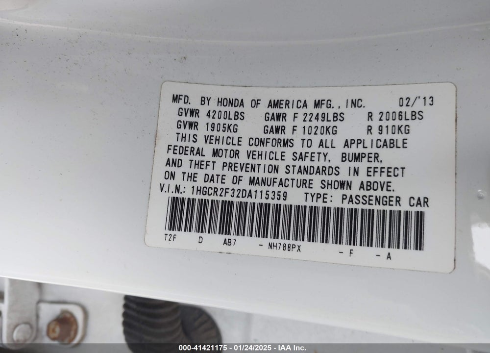 2013 HONDA ACCORD VIN: 1HGCR2F32DA115359