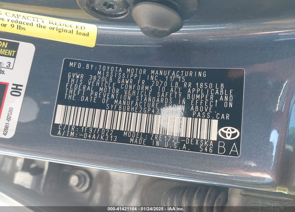 2016 TOYOTA COROLLA VIN: 5YFBURHE2GP432106