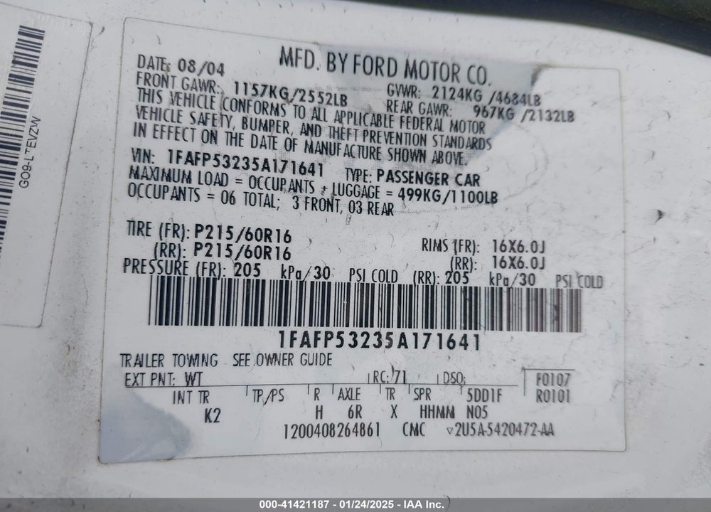 2005 FORD TAURUS VIN: 1FAFP53235A171641