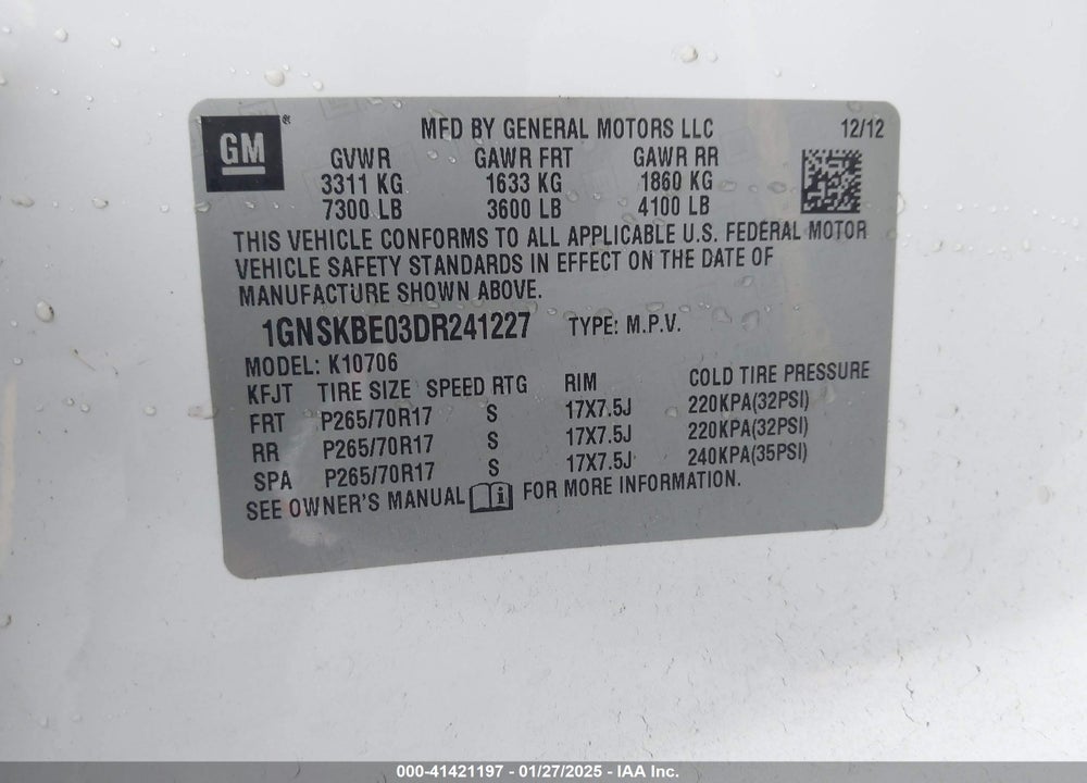 2013 CHEVROLET TAHOE LT VIN: 1GNSKBE03DR241227