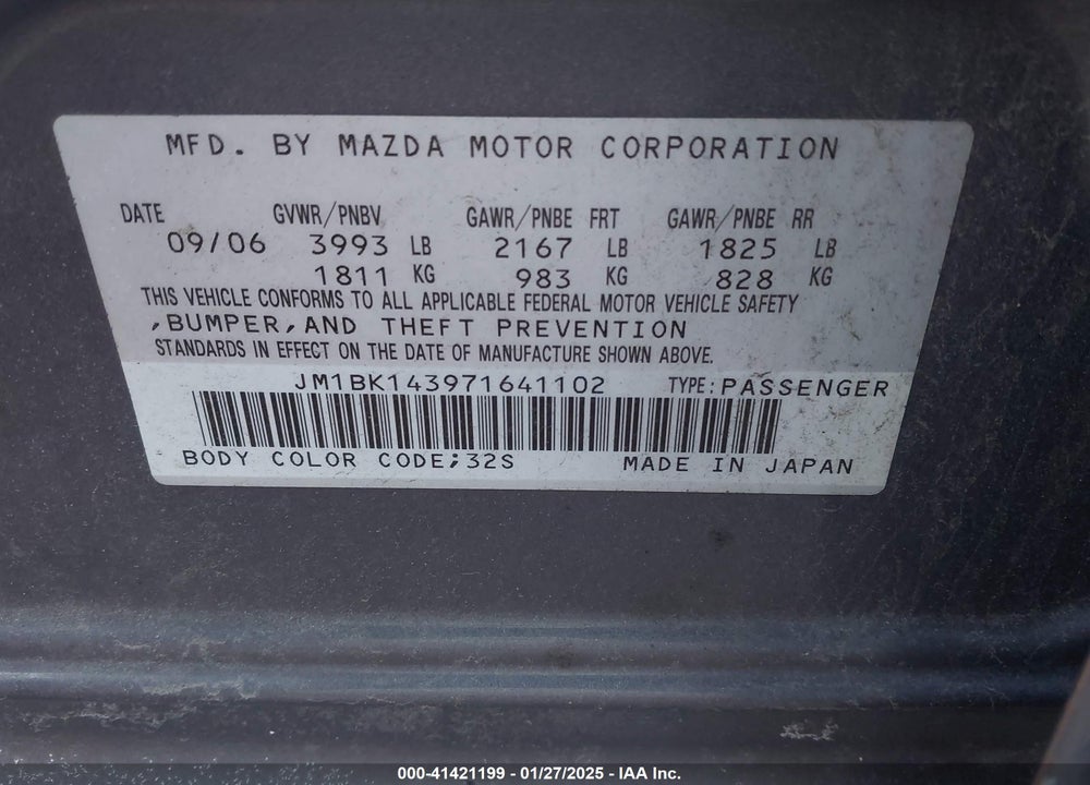 2007 MAZDA 3 S SPORT VIN: JM1BK143971641102