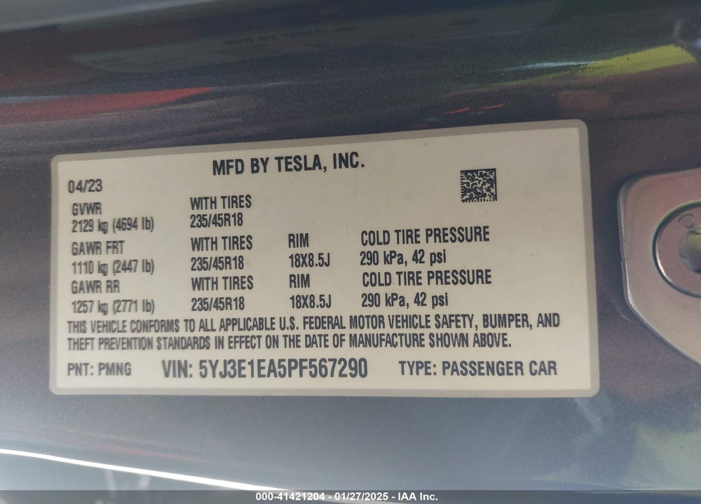 2023 TESLA MODEL 3 REAR-WHEEL DRIVE VIN: 5YJ3E1EA5PF567290