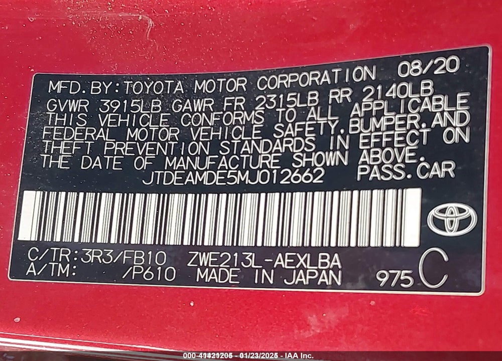 2021 TOYOTA COROLLA HYBRID LE VIN: JTDEAMDE5MJ012662