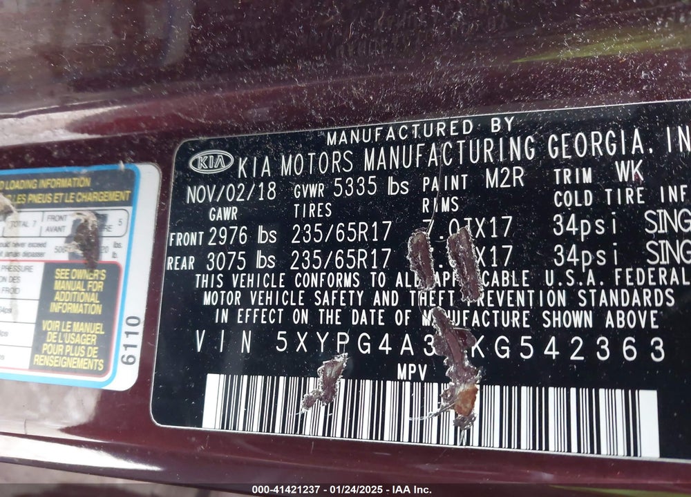 2019 KIA SORENTO VIN: 5XYPG4A35KG542363