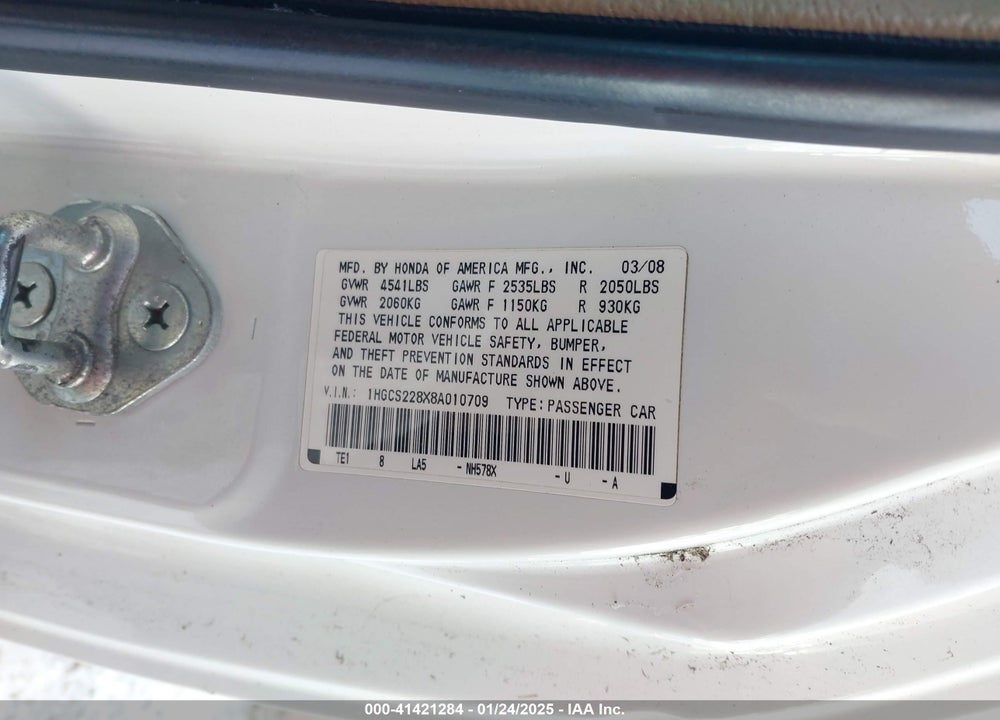 2008 HONDA ACCORD VIN: 1HGCS228X8A010709