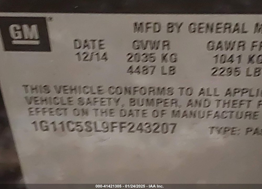 2015 CHEVROLET MALIBU VIN: 1G11C5SL9FF243207