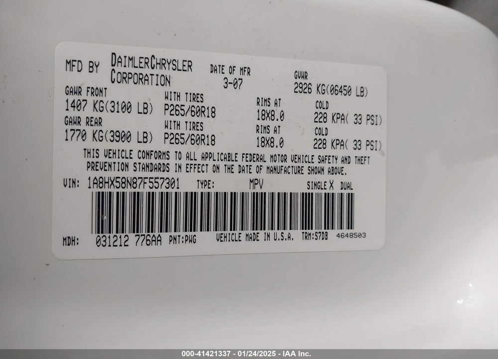2007 CHRYSLER ASPEN LIMITED VIN: 1A8HX58N87F557301