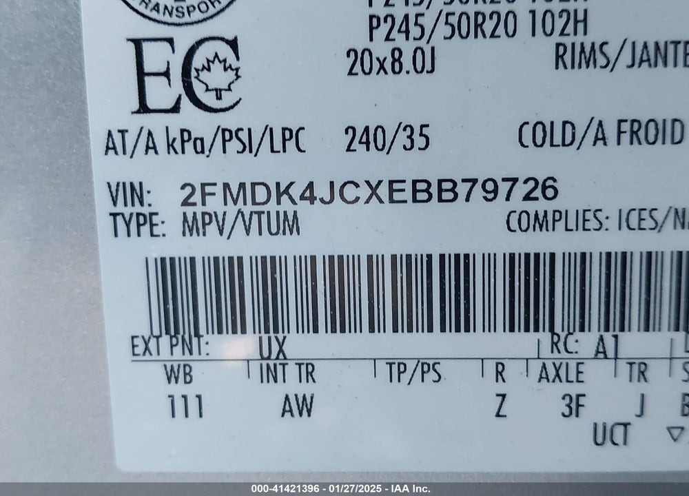 2014 FORD EDGE SEL VIN: 2FMDK4JCXEBB79726