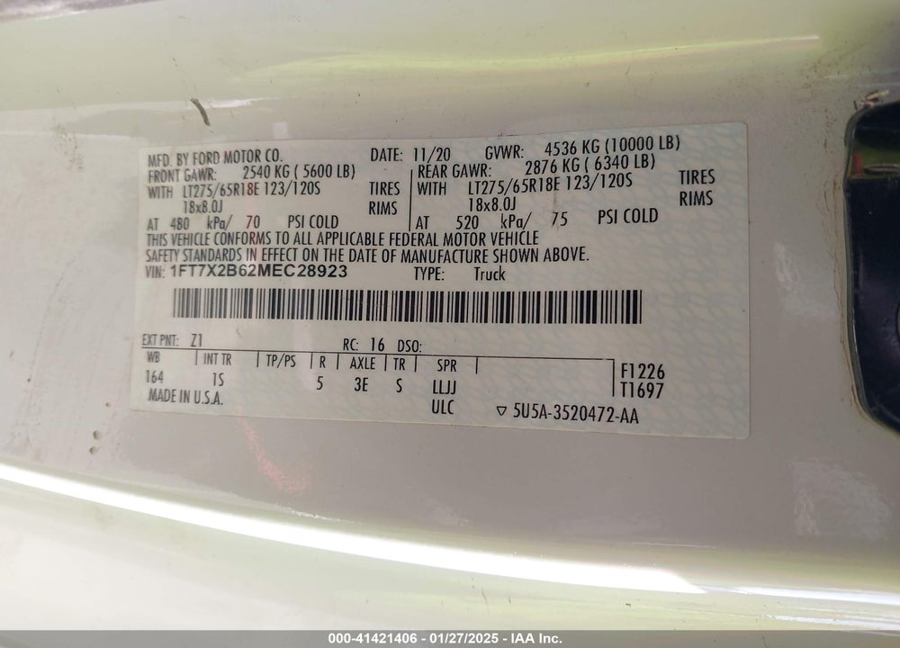 2021 FORD F-250 XL VIN: 1FT7X2B62MEC28923