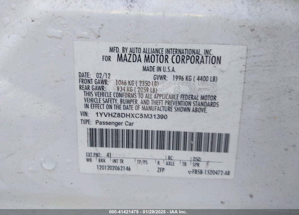 2012 MAZDA MAZDA6 VIN: 1YVHZ8DHXC5M31390