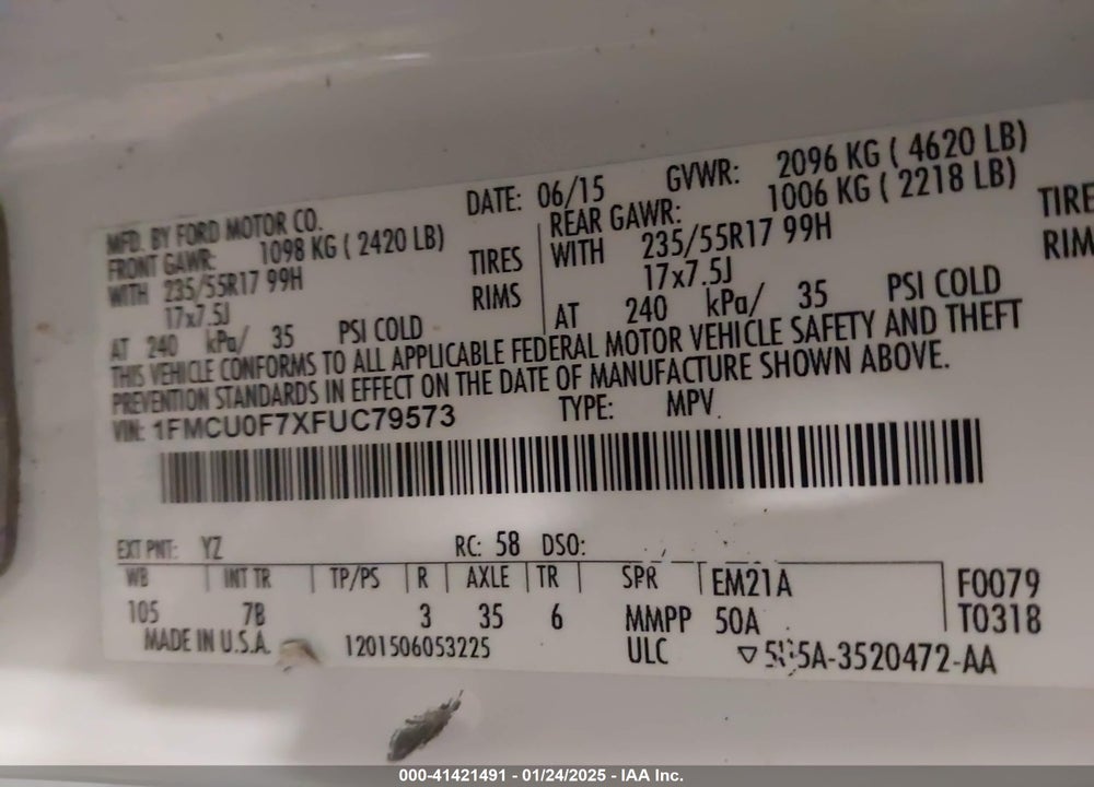 2015 FORD ESCAPE S VIN: 1FMCU0F7XFUC79573