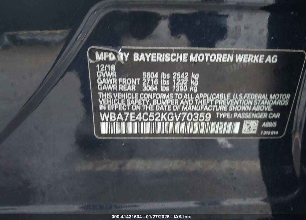 2019 BMW 740I VIN: WBA7E4C52KGV70359