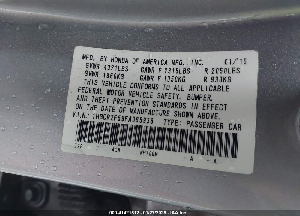 2015 HONDA ACCORD VIN: 1HGCR2F59FA095938