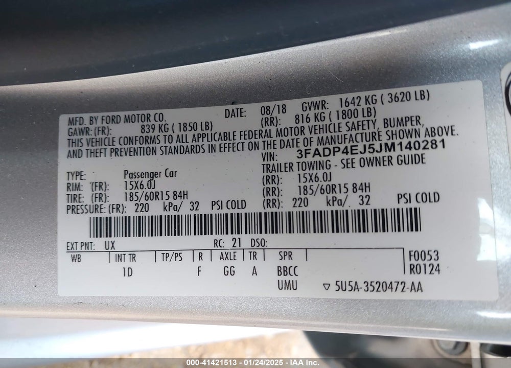 2018 FORD FIESTA VIN: 3FADP4EJ5JM140281