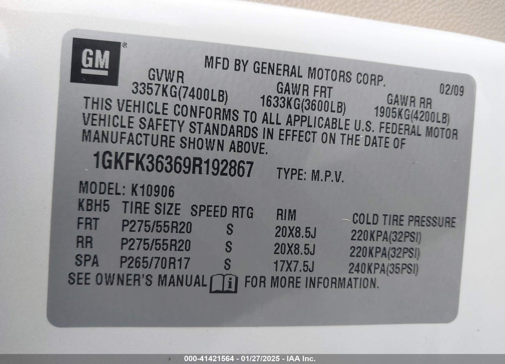 2009 GMC YUKON XL 1500 SLT2 VIN: 1GKFK36369R192867