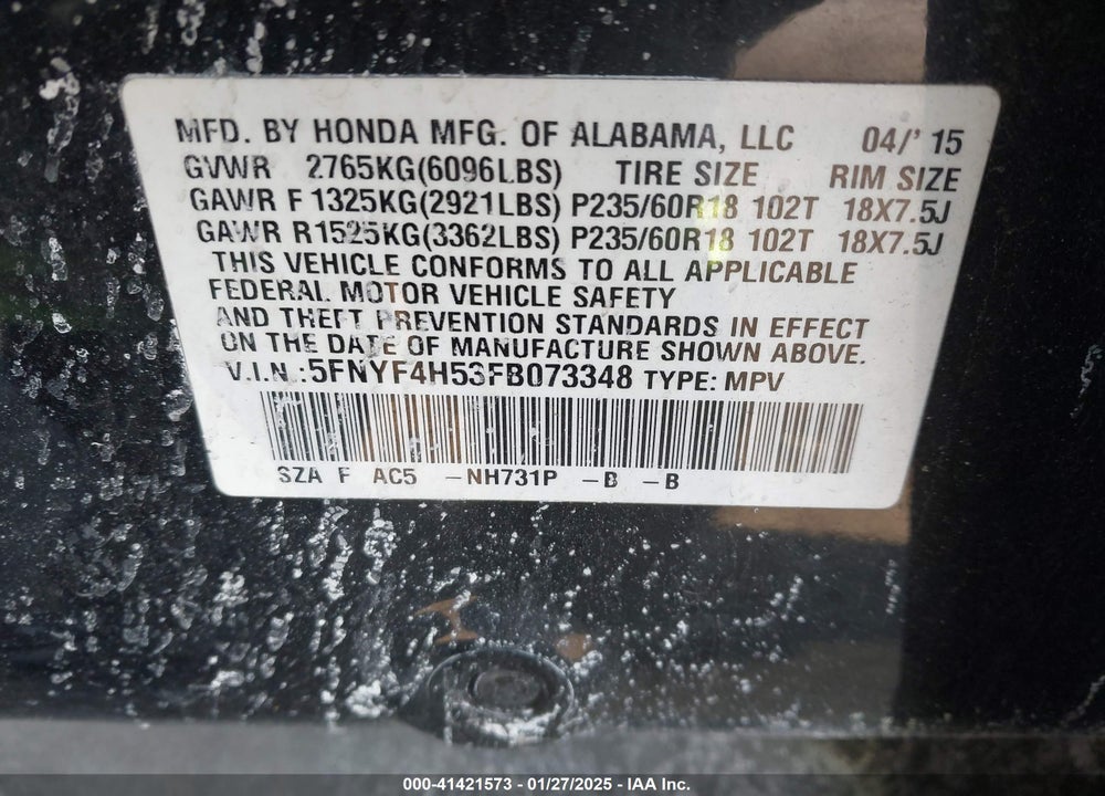 2015 HONDA PILOT EX-L VIN: 5FNYF4H53FB073348