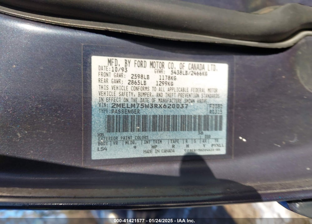 1994 MERCURY GRAND MARQUIS LS VIN: 2MELM75W3RX620037