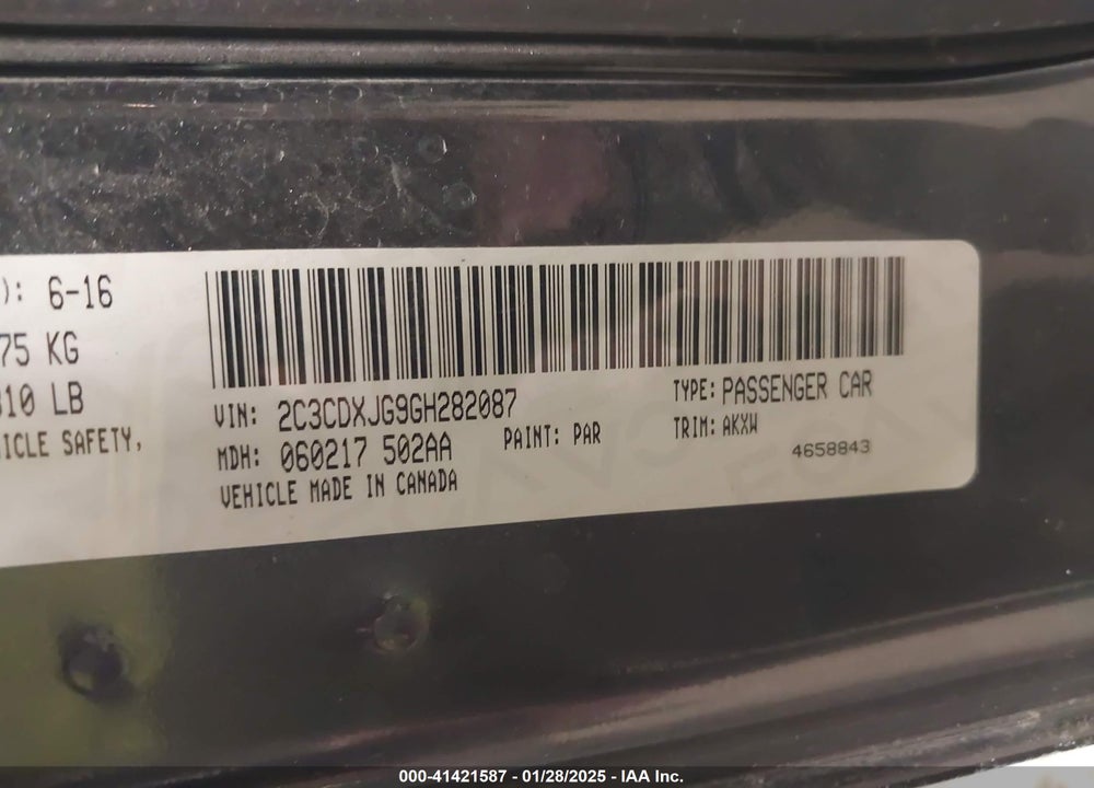 2016 DODGE CHARGER VIN: 2C3CDXJG9GH282087