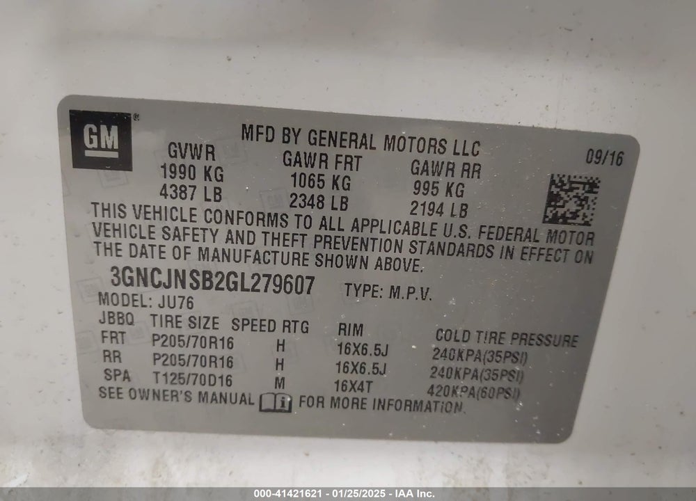 2016 CHEVROLET TRAX VIN: 3GNCJNSB2GL279607