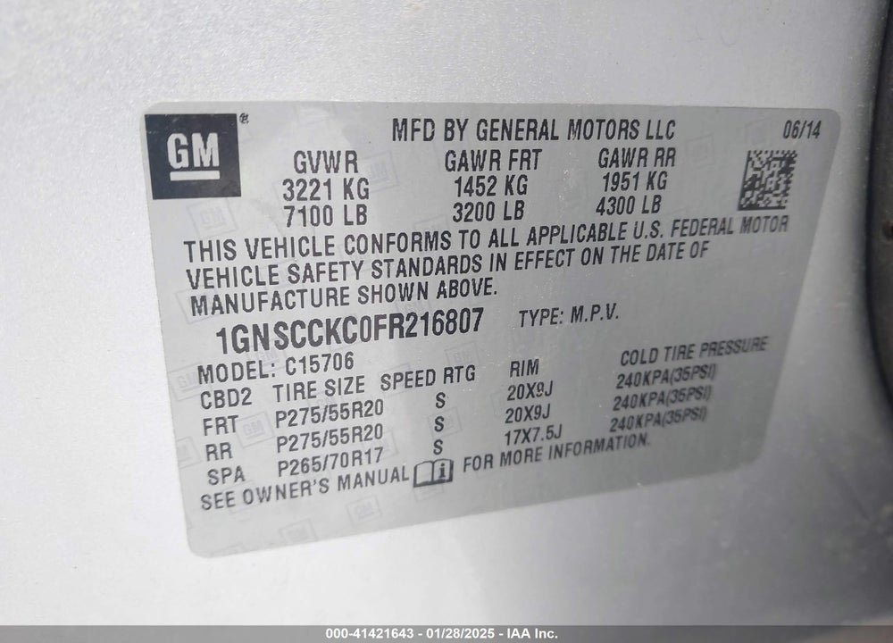 2015 CHEVROLET TAHOE LTZ VIN: 1GNSCCKC0FR216807