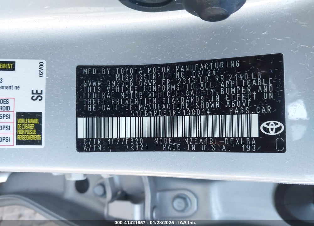 2024 TOYOTA COROLLA VIN: 5YFB4MDE1RP138014