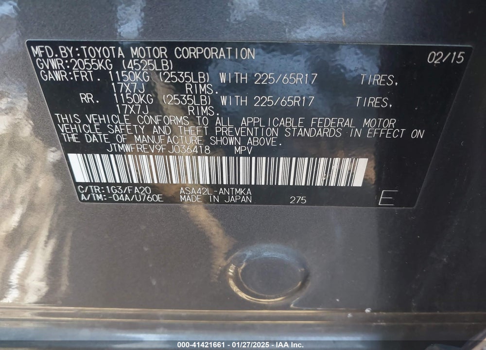 2015 TOYOTA RAV4 XLE VIN: JTMWFREV9FJ036418