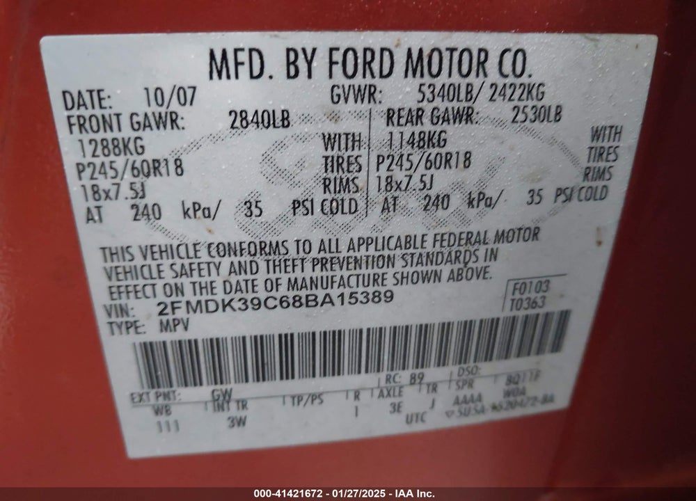 2008 FORD EDGE LIMITED VIN: 2FMDK39C68BA15389