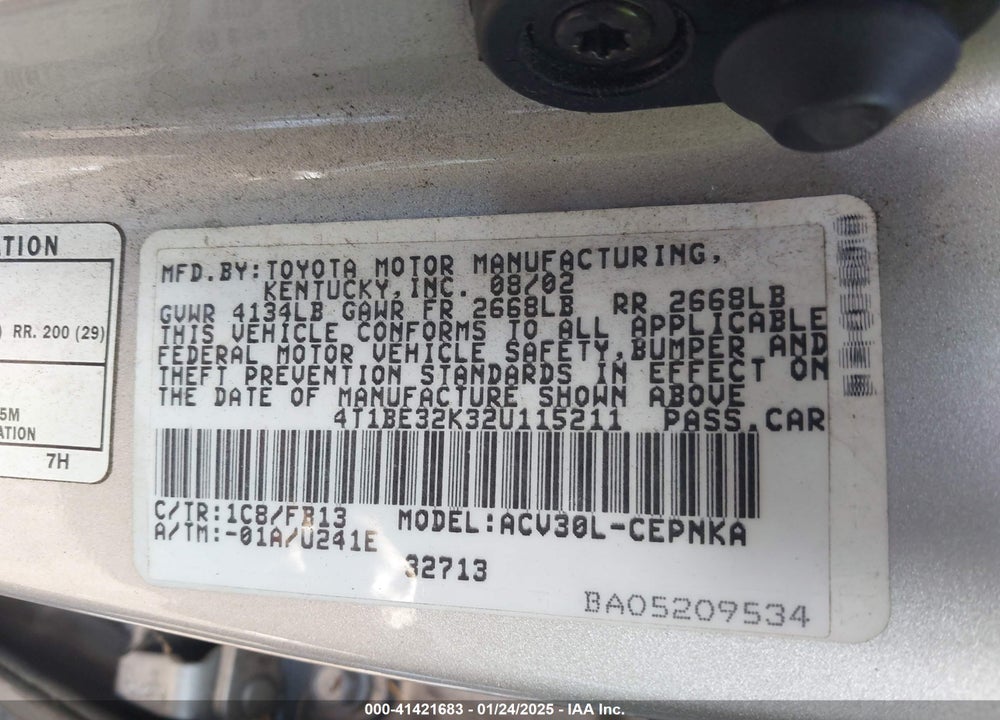 2002 TOYOTA CAMRY LE VIN: 4T1BE32K32U115211