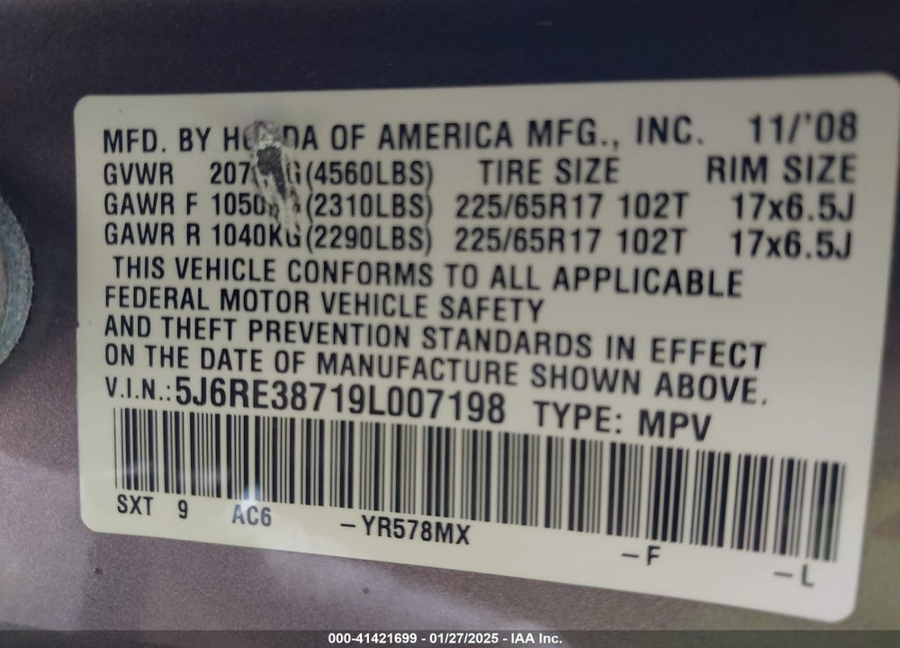 2009 HONDA CR-V EX-L VIN: 5J6RE38719L007198
