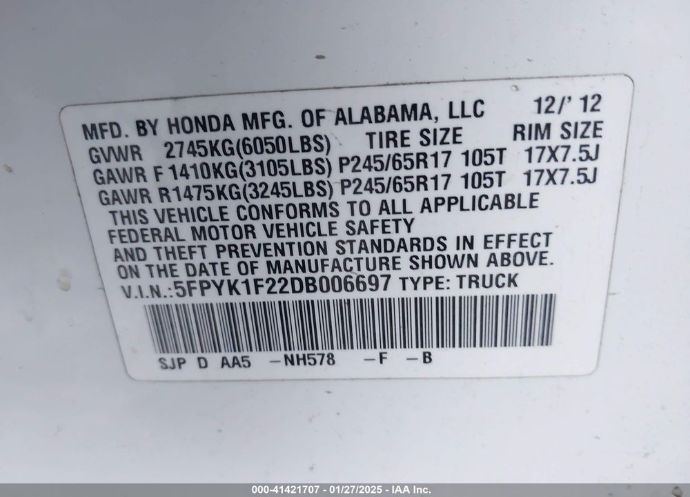 2013 HONDA RIDGELINE VIN: 5FPYK1F22DB006697