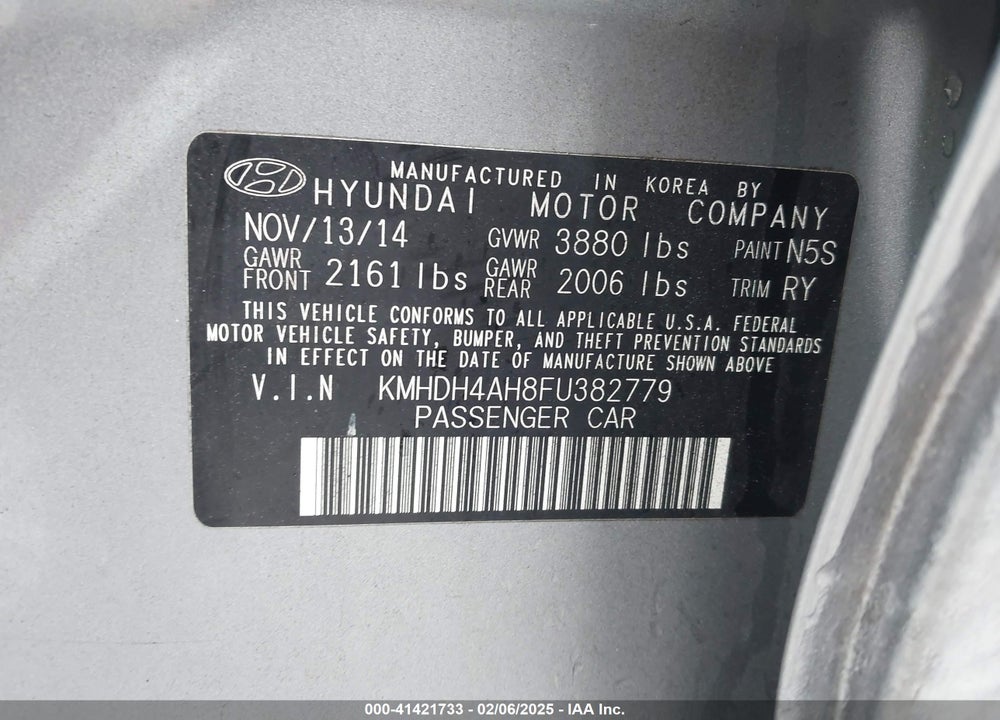 2015 HYUNDAI ELANTRA VIN: KMHDH4AH8FU382779
