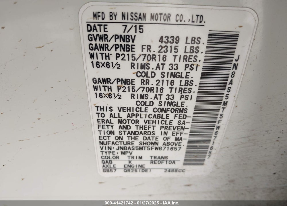 2015 NISSAN ROGUE SELECT S VIN: JN8AS5MT5FW671657