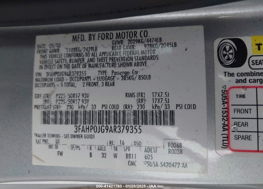 2010 FORD FUSION SEL VIN: 3FAHP0JG9AR379355