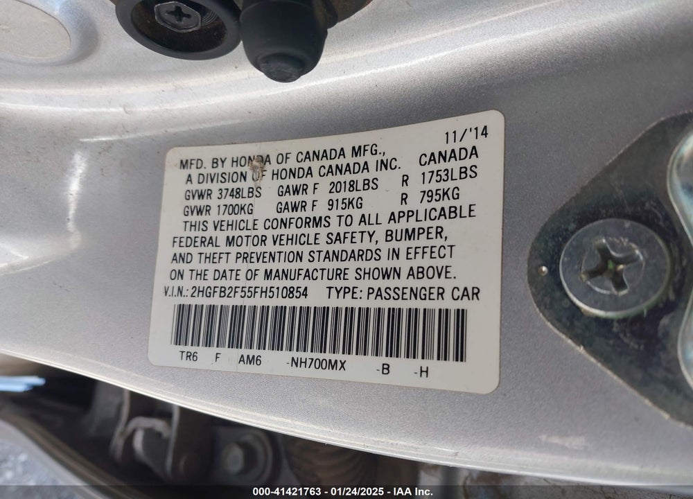 2015 HONDA CIVIC VIN: 2HGFB2F55FH510854