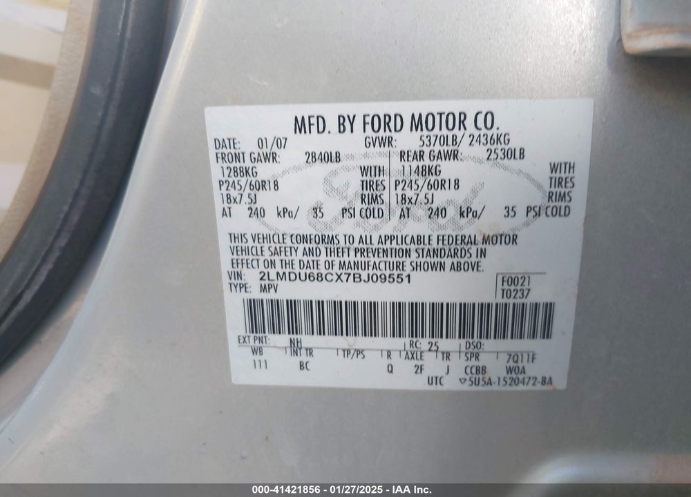 2007 LINCOLN MKX VIN: 2LMDU68CX7BJ09551