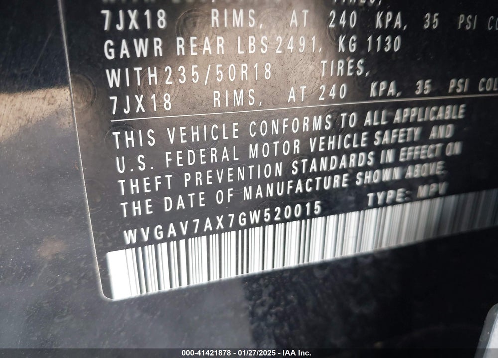 2016 VOLKSWAGEN TIGUAN SE VIN: WVGAV7AX7GW520015