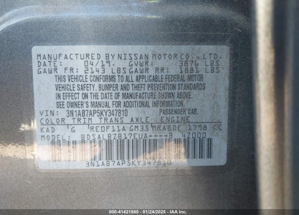 2019 NISSAN SENTRA VIN: 3N1AB7AP5KY347810