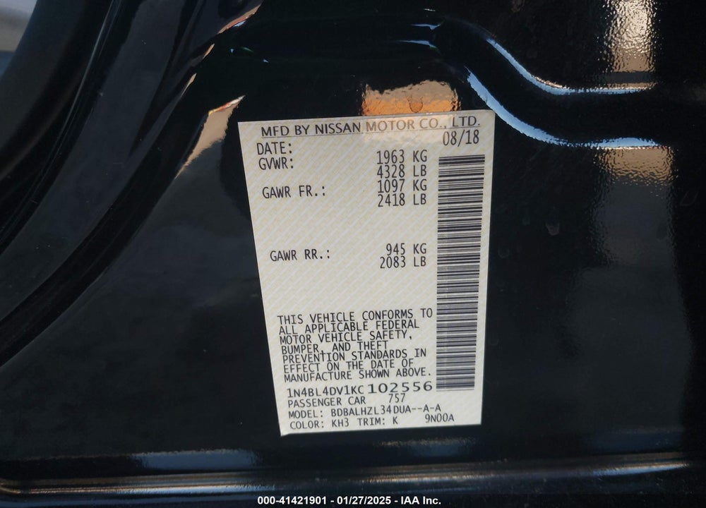 2019 NISSAN ALTIMA VIN: 1N4BL4DV1KC102556