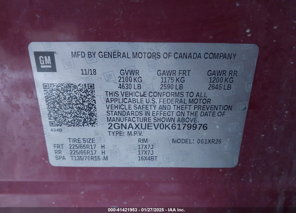 2019 CHEVROLET EQUINOX LT VIN: 2GNAXUEV0K6179976